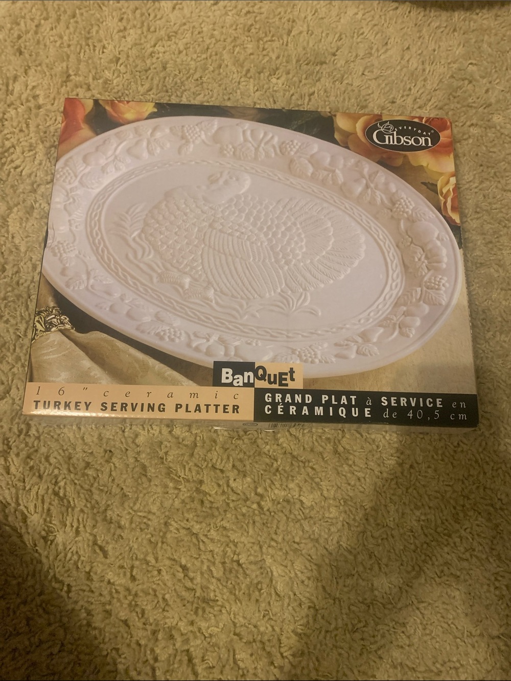 Gibson White Ceramic Turkey Platter with Embossed Design